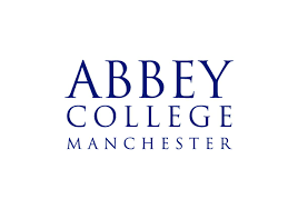 text logo with abbey college in blue on white background