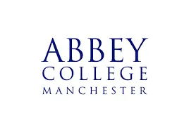 text logo with abbey college in blue on white background