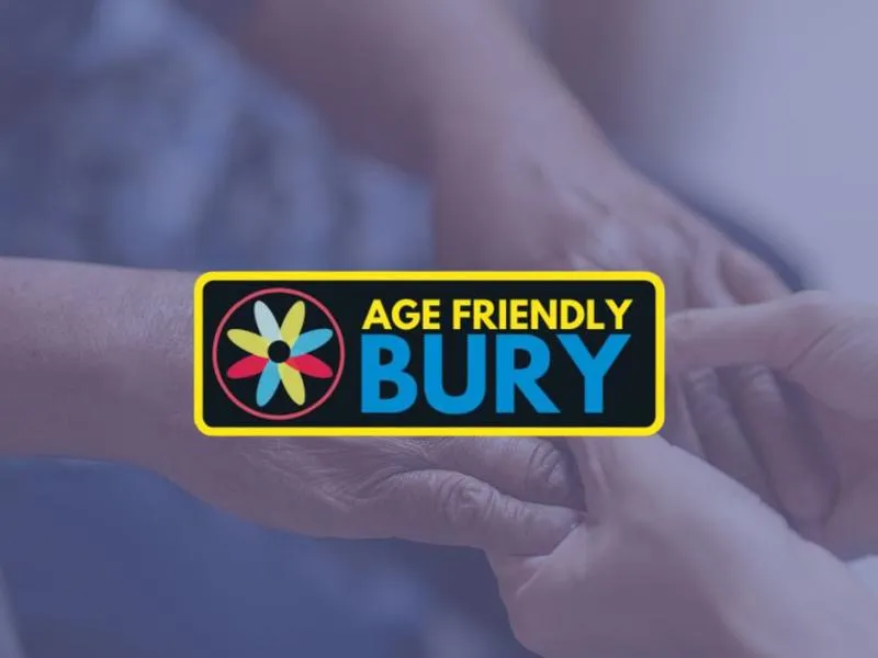 a younger pair of hands holding those of an elder in a caring, loving way, overlaid with the Bury Age Friendly logo