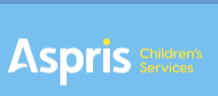 logo comprising of Aspris Children's Services in white and yellow on light blue background