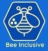 logo of dark blue bee outlined in white on lighter blue background 