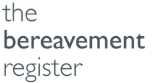 text logo comprising of 'the bereavement register' in purple writing on white background
