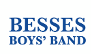 text logo of besses boys band in blue on white background