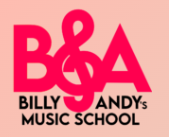 text logo comprising of B&A in red with strapline of Billy & Andy's Music school on pink background