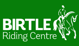 image of horse and rider in white on green background with Birtle riding centre in white lettering