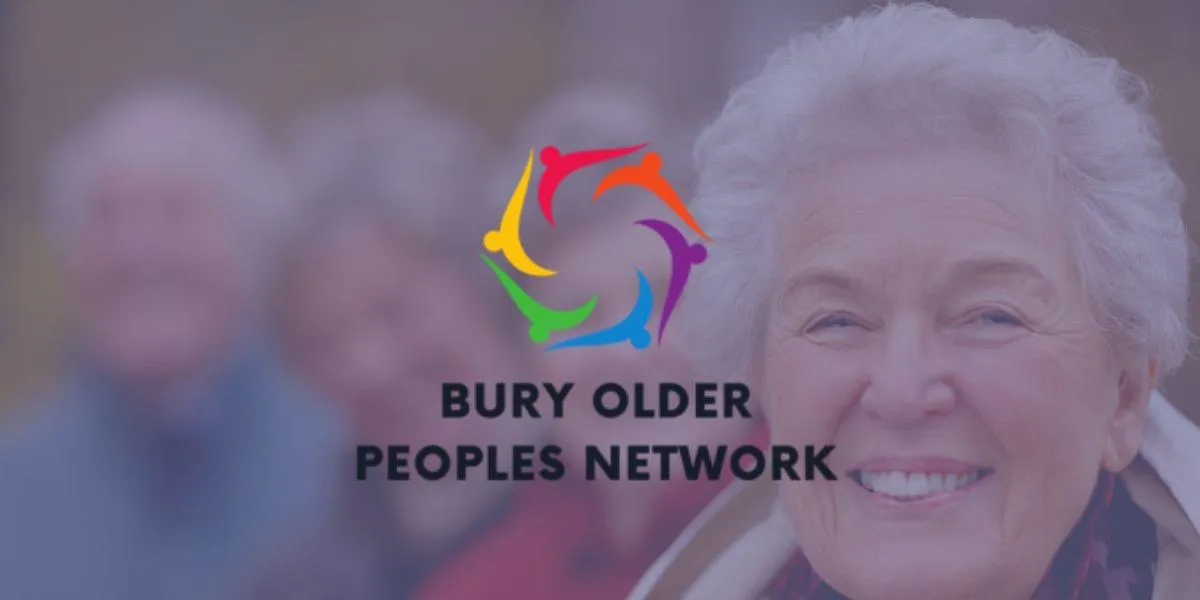 Bury Older People logo overlaying a photograph and 4 older people