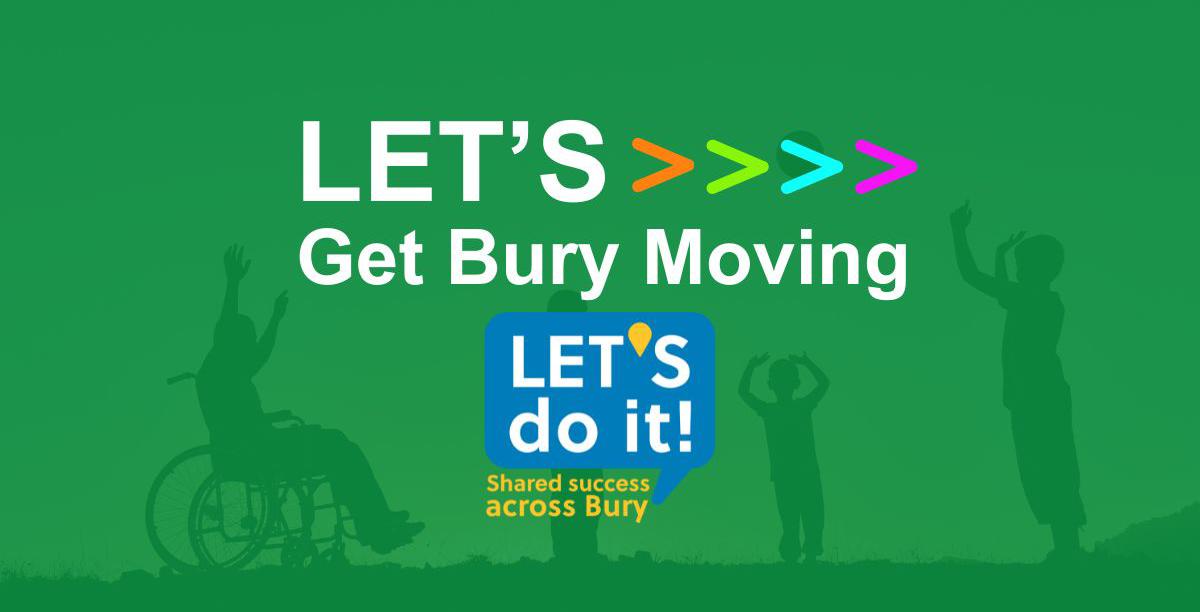 a silhouette of a man in a wheelchair and children throwing a ball, overlaid with a green filter and Lets Get Moving logo