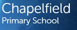 text logo of Chapelfield primary school in white on blue background