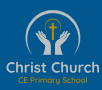 logo depicting christ church school in white with hands cupping a gold cross on a blue background