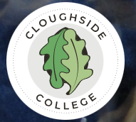 green leaves in circle with Cloughside college on outer circle in black on black background