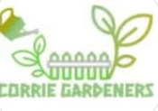 logo with Corrie Gardeners in green with image of a fence, leaves and watering can on white background
