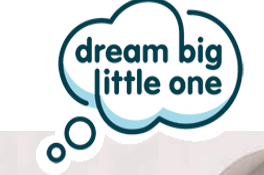 logo comprising of dream big little one in blue inside a dream bubble on white background