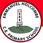 logo comprising of a tower with emmanuel holcmbe primary school in a white circle on red and white background