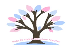 logo comprising of people shaped as a tree in brown with pink and blue leaves on white background