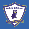 Fairfield Primary school and owl in blue inside a white shield on lighter blue background