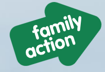 Family action logo of green arrow with white lettering