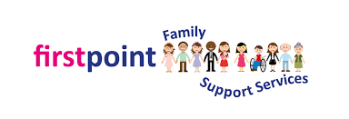 children holding hands and first point family support service written in pink and blue 