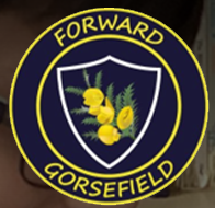 Circle with Forward Gorsefield in yellow surrounding a shield containing yellow flowers