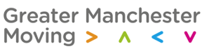 Greater Manchester moving logo text in black with arrows facing opposite ways in different colours