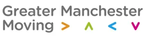 Greater Manchester moving logo text in black with arrows facing opposite ways in different colours