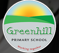 logo for greenhill primary school in green on grey with hills and sun in background