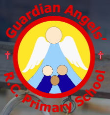 logo comprising of Guardian angels school in red around a yellow circle with silhouette of angel and children