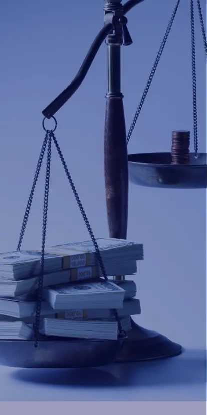 a weighing scale tipping in the direction of the side which holds a stack of cash, as opposed to the lighter side with a couple of coins