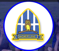 higher lane primary school logo of owl in arched window on white background