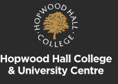 text logo of Hopwood hall college & University Centre in white on brown background