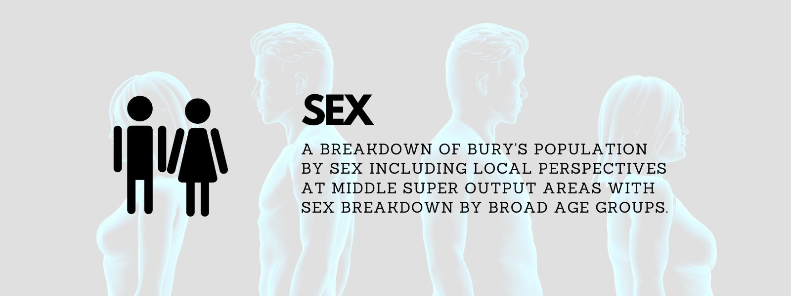 Sex: A breakdown of Bury's population by sex including local perspectives at Middle Super Output Areas (MSOA) with sex breakdown by broad age groups.
