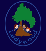 Ladywood primary school logo comprising of Ladywood in blue with cartoon image of children peeking around a tree