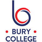 logo of a b a madefrom red and blue swirls and Bury college in blue underneath