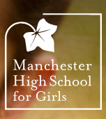  logo for Manchester high school for girls in white on brown background