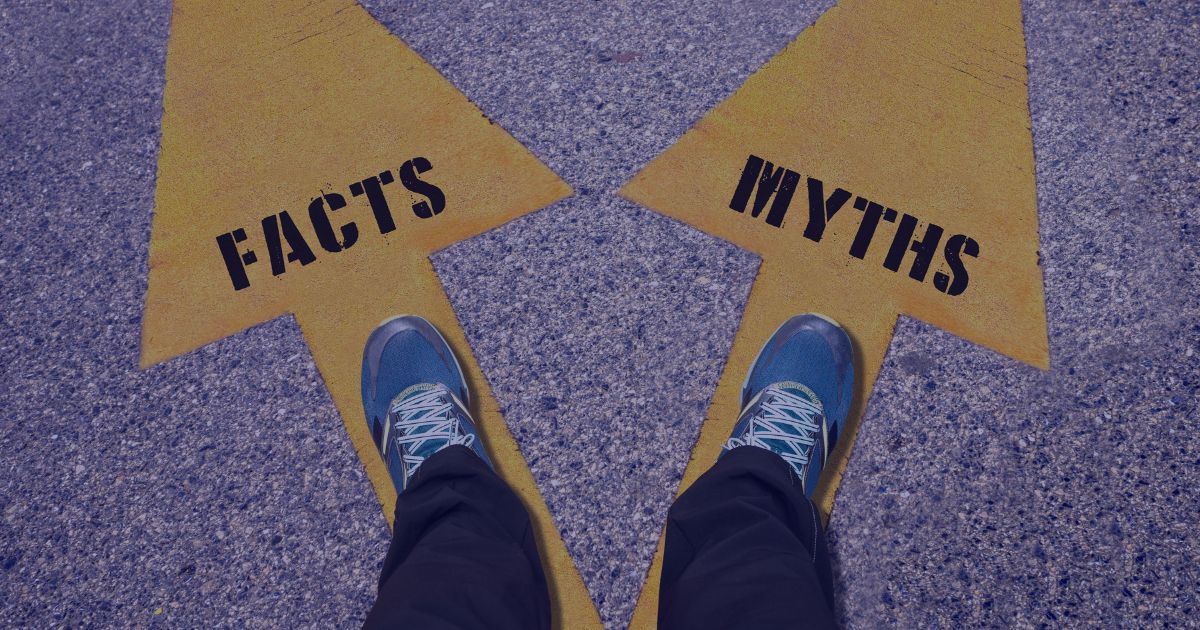 A person standing at a crossroads choosing between two yellow arrows labeled "FACTS" and "MYTHS," symbolizing the choice between truth and misconception.