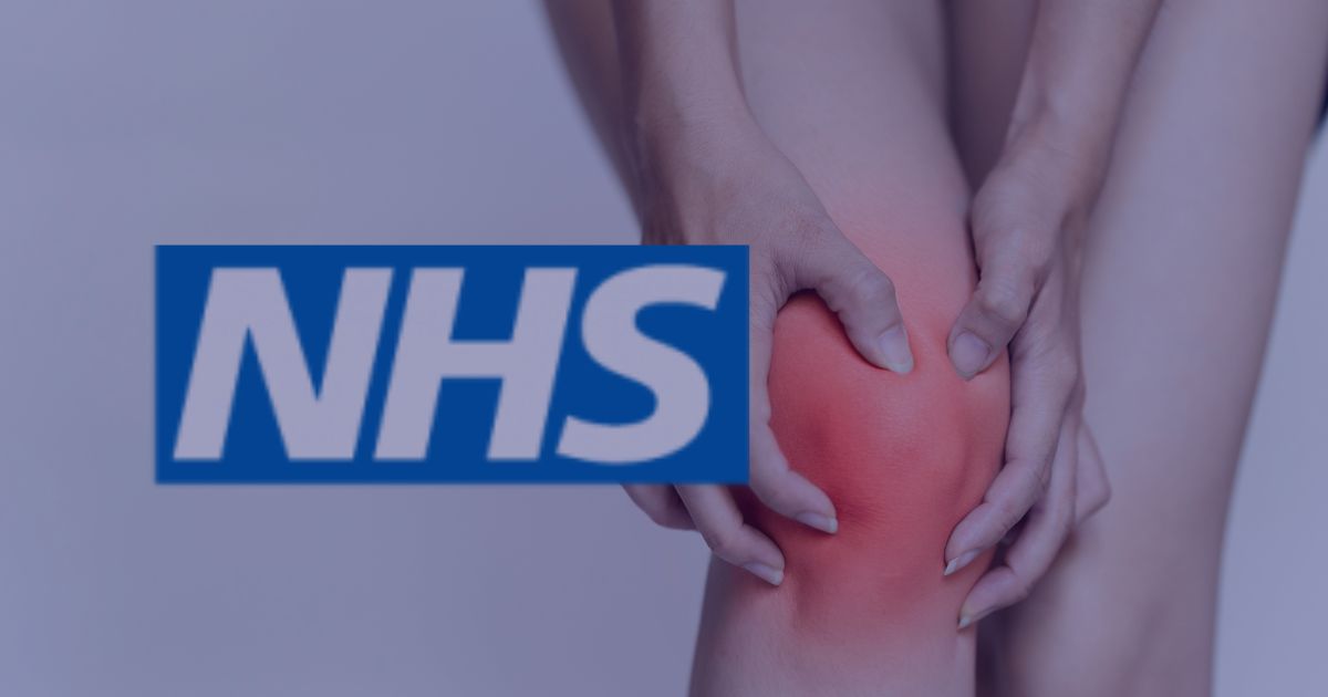 a woman holding her knee which looks inflamed, alongside the NHS logo
