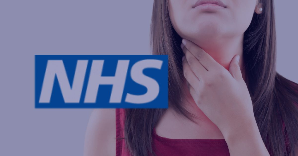 a women clutching her throat which appears inflamed, alongside the NHS logo