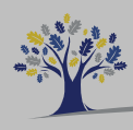 Oakwood academy logo comprsing of blue tree with blue and yellow leaves