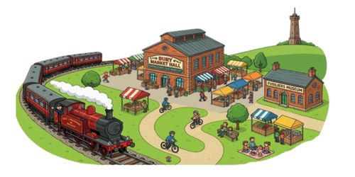 cartoon graphic of Bury including the market and railway