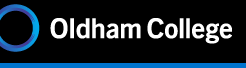logo with Oldham College in white with blue circle on black background