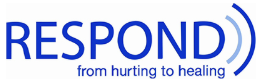text logo for respond comprising of Respond from hurting to healing in blue on white background