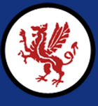 school logo comprising of red dragon in white circle on blue background