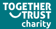  text logo of together trust in white on blue background