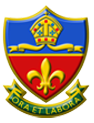Canon slade school logo of shield in blue and red with school motto underneath
