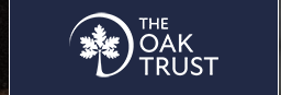 logo for The Oak Trust comprising of white text with a Oak tree on dark blue background