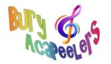 Bury Acapeelers logo comprising of wording in different colours with music sign on white background