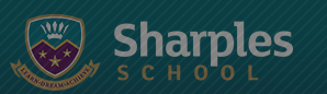 text logo with Sharples school in white on dark green background