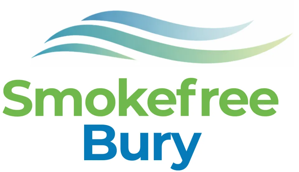 Smokefree Bury logo featuring three curved blue‑to‑green lines above the words ‘Smokefree Bury’ in green and blue text