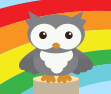 school logo of an owl in front of a rainbow