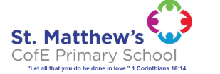 text logo of st matthew's primary school in blue on white background