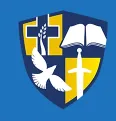school logo a shield containing a cross, bird, book and sword on blue background